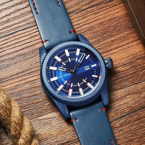 MINI FOCUS Fashion Casual Watch Men Quartz Analog Wristwatch Blue Leather Strap Calendar Waterproof Sports Watches Man 2019