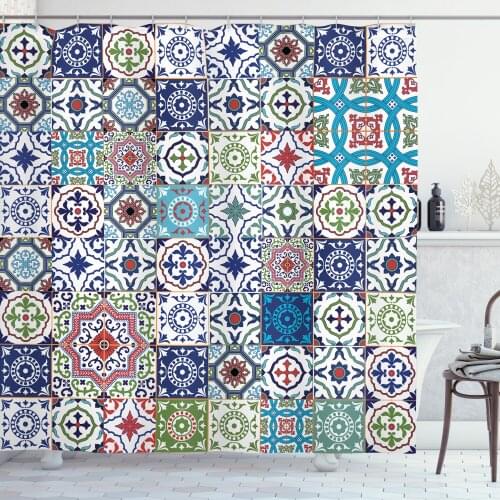 Moroccan Shower Curtain Set Mosaic Tile Look Blueish Squares Curtain for Bathroom Decor 12 Hooks Decorative Bath Accessory