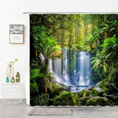 3D Natural Scenery Shower Curtains Waterfall In Green Forest Living Room Wall Hanging Bath Decor Curtain Bathroom Supplies