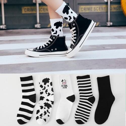 New Arrivals Cow Printed Sock Lovely Harajuku Japanese Style Cotton Women Socks Striped Solid Breathable Casual Cartoon Socks