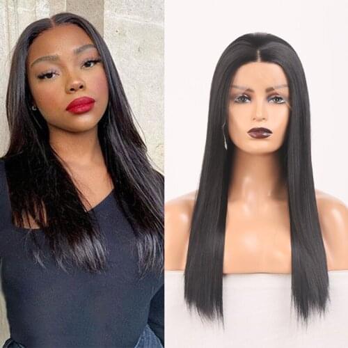 AIMEYA Straight Lace Front Wig Synthetic Black Wigs Cosplay Wig 26 Inch Heat Resistant Hair Lace Frontal Wigs For Women