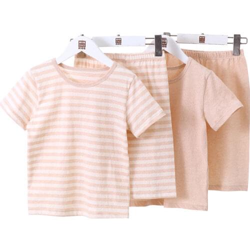 Toddlers Pajama Sets Children Short Sleeve Elastic Waist Nightwear New Boy Girls Stripe Solid Color Sleepwear Baby Home Clothing