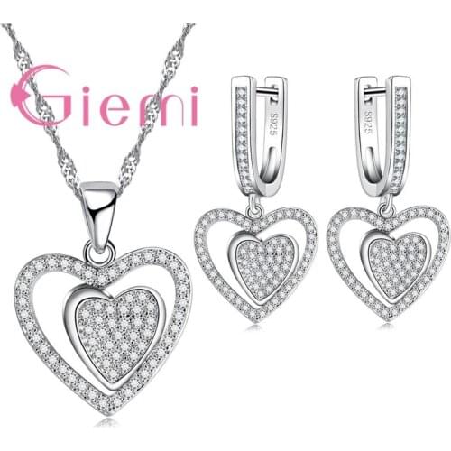 Hollow Double Heart Creative Cubic Zirconia 925 Sterling Silver Exquisite Buckle Type Ladies Jewelry Set Anniversary Gift