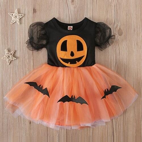 Halloween 2021 New Baby Girl’s Casual Long Sleeve Dress Cute Printing Mesh Yarn Stitching A-line Dress