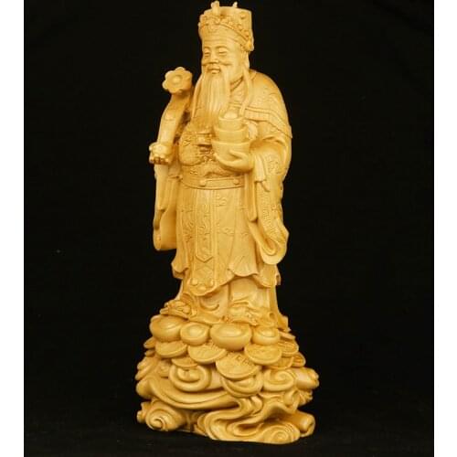 Boxwood 20cm God of Wealth Sculpture Figures Statue Feng Shui Solid Wood Lucky Buddha Rich Collection Home Decor