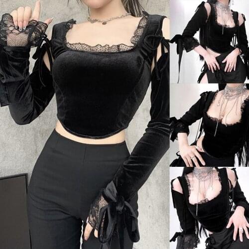 Hot Kf-Goth Lace Black Crop Top Gothic Lace Patchwork Long Sleeve T Shirt Women Chic Aesthetic Bandage Hollow Out Tops
