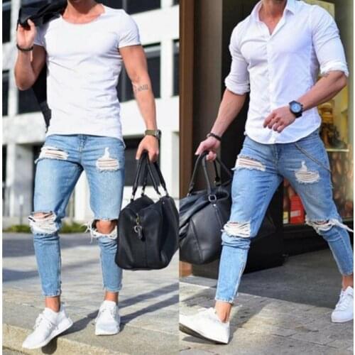 Spring Mens Plus-Size S-3XL Ripped Blue Black Casual Fashion Trend Go With Small Leg Pants Jeans