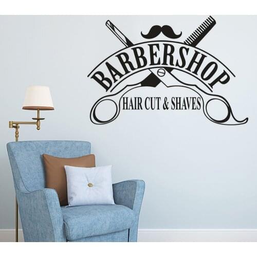 Barber Shop Window Vinyl Sticker Hair Cut And Shaves Logo Wall Decals Hair Salon Decor Scissors Design Interior Stickers AZ441