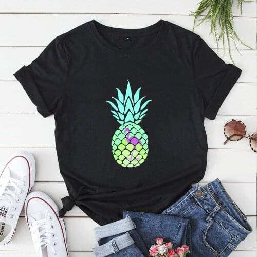 Funny Pineapple Flamingo Print Women T-shirt 2020 New Cartoon Harajuku Top Oversized Cotton Basic Tee Shirt Graphic Clothes