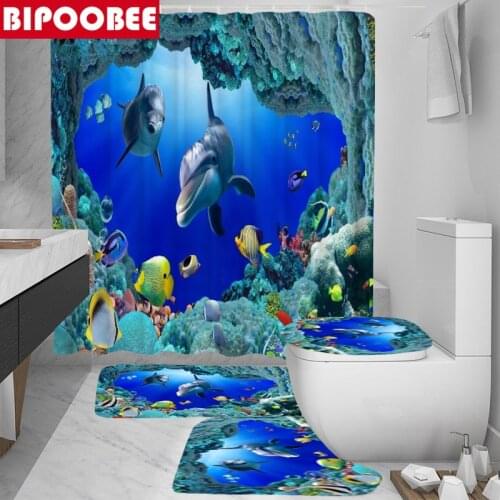 Ocean Dolphin Fabric Shower Curtain Polyester Waterproof Curtains Pedestal Rug Lid Toilet Cover Bath Mat Set Bathroom Decor
