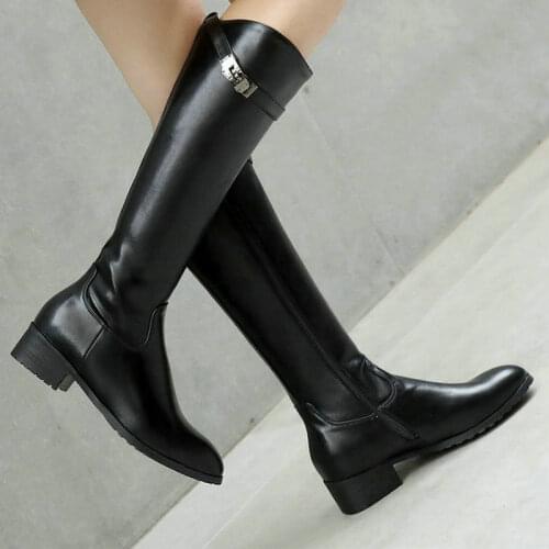 Black Green White Women Knee High Boots Comfortable Low Square Heel Ladies Calf Boots Side Zipper Round Toe Womens Boots 2021