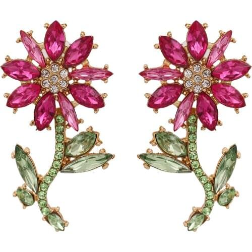 Fashion Red Purple Crystal Flowers Leaf Plant Shape Long Earrings Women Korean Style Dangle Earrings Female 2020 New ZA Earrings