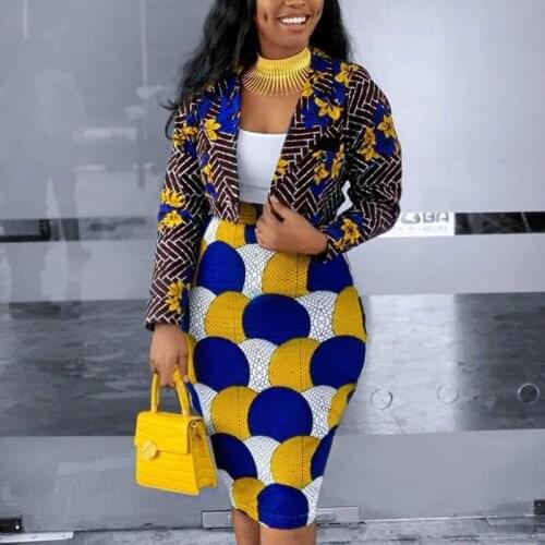 Women Two Pieces Set Printed Short Blazer and Pencil Skirts Long Sleeve Elegant Office Lady Fashion Work Wear Sexy African Suits