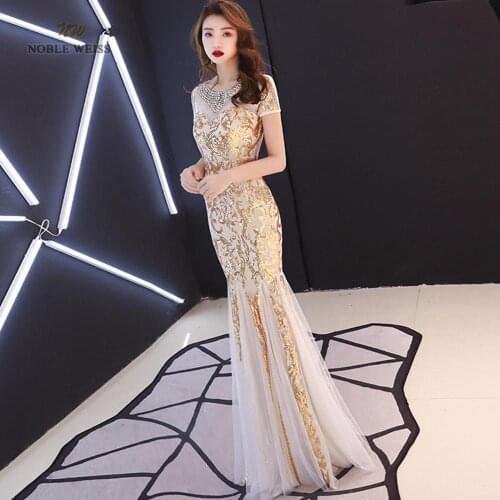 Prom dresses sexy o-neck mermaid floor-length sequin prom dress beading prom gown robe de soiree party dress
