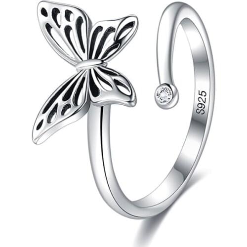 925 Silver Ring Butterfly Open Rings for Women Vintage Rings for Girls Wedding Jewelry