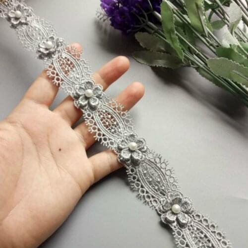 1 yard Gray Soluble Pearl Flower Embroidered Lace Trim Ribbon Fabric Handmade DIY For Costume Sewing Supplies Craft Decoration