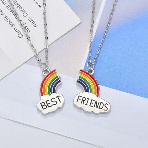 2 Pcs/set Best Friend Necklace Charm Lady Rainbow Heart Engrave Best Friend Forever Necklace Pendant Friendship BFF Jewelry Gift