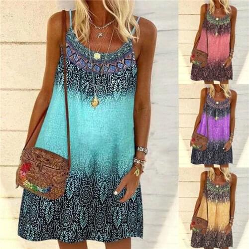2021 Summer Printed Sling Dress Ladies Bohemian Loose Chiffon Dress A-line Beach Party Elegant Dress