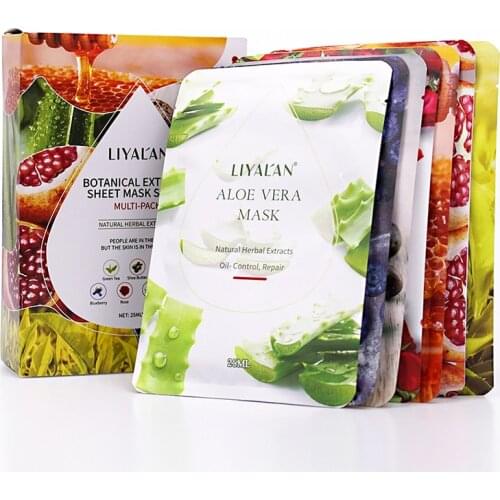 LIYAL'AN Acne Treatment Herbal Face Mask Set Skincare Cosmetics Natural Green Tea Moisturizing Facial Sheet Masks Mixed 7pcs/box
