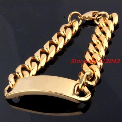 9" 15mm Smooth Cut Curb Cuban Link Chain 316L Stainless Steel ID Bangle Bracelet Mens Boys Chain Jewelry Gold color