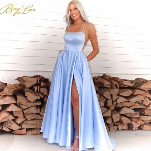 Berylove Spaghetti Strap A Line Prom Dress Green Solid High Waist Split Dresses Party Evening Dress Robe de soiree