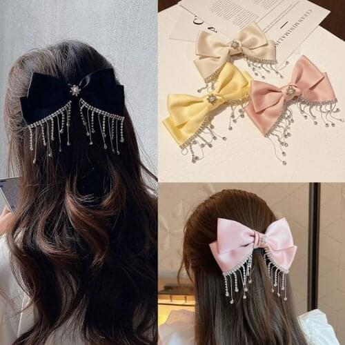 Elegant Large Tassel Hair Bow French Clips Rhinestone Long Bowknot Hairpin Pearl Hair Grip Back Head Barettes Hair Accessories