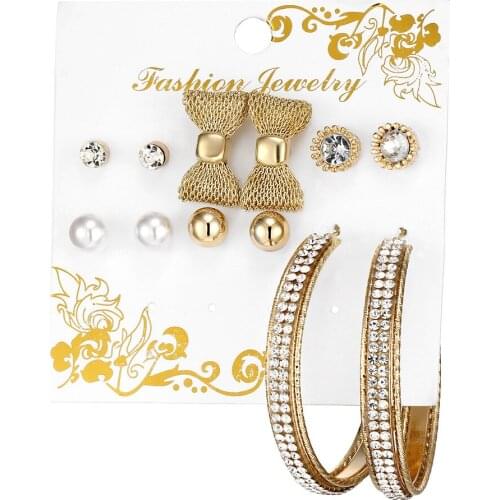 HOCOLE 6 pairs /set earring Fashion Elegant Shining gold Color crystal pearl Flower earrings Cute Super Value earrings sets Punk