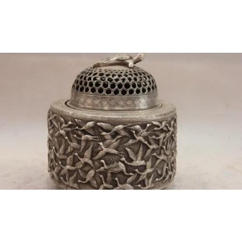 China White Copper Silver Hundred cranes Tortoise Turtle Incense Burner Censer