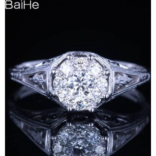 BAIHE Solid 14K White Gold 0.1CT H/SI Round Natural Diamonds Wedding Band Women Trendy Fine Jewelry Retro exquisite Diamond Ring