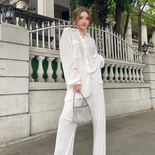 JuneRain White Pleated Wide Leg Pants Sets Women Fashion 2021 Casual Loose Long Trousers Office Lady Elegant Long Palazzo Suits