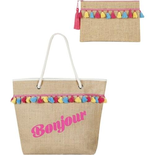 Set of 2 Jut Beach Bag And Portfolio Bag Double Set Women Fashion Fringed Summer Tropical Shoulder Bag Top Bag Shopping Bags