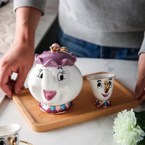 Cartoon Beauty And The Beast Teapot Mug Mrs Potts Chip Tea Pot Cup Set Cogsworth Porcelain Gift 18K Gold-plated Painted Enamel
