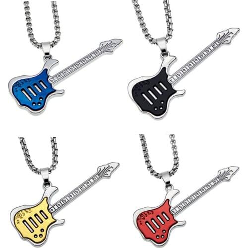 6 Color Men Metal Music Guitar Necklace Punk Musical Instrument Stainless Bass Pendant Sweater Chain Jewelry Gift Party