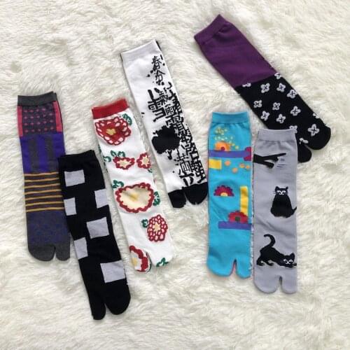Japanese Harajuku Combed Cotton Tabi Sock Women Fashion Jacquard Two Toe Socks Cartoon Cat Flower Geometry Funny Split Toe Sock