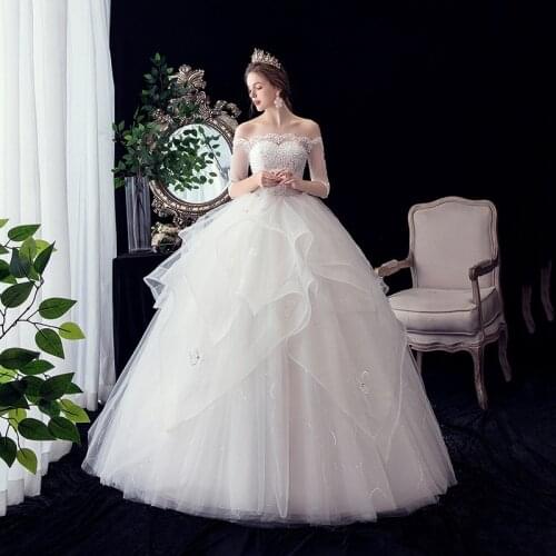 2021 New Boat Neck Wedding Dress Shining Beading Bridal Gown Plus Size Half Sleeve Robe De Mariee Pure White Custom Made Dress