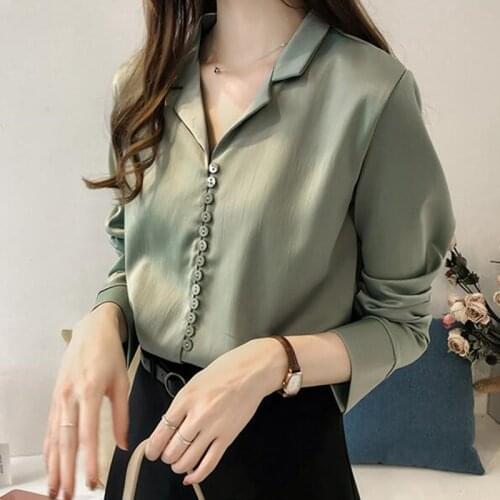 Pure Color Women Shirt Girl New Summer Turn Down Collar Ladies Office Blouses Female Long-sleeved Vintage Shirts Clothes H9010
