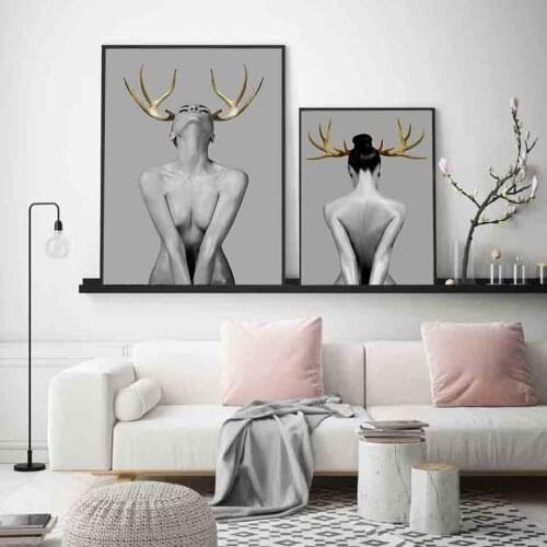 Sexy Woman Poster Antlers Canvas Painting Grey Posters and Prints Modern Wall Art Picture for Living Room Decor for Home