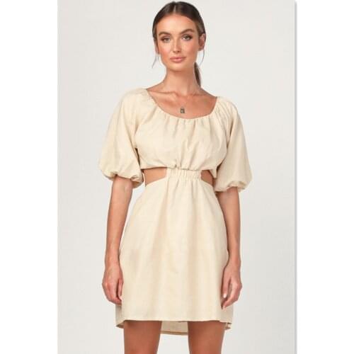 Women Vintage Hollow Out A-line Dress Lantern Sleeve O neck Solid Elegant Casual Mini Sundress 2021 Summer Fashion Women Dress