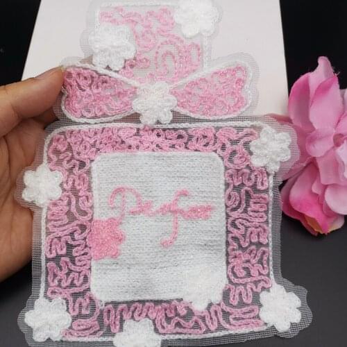 Pink large perfume bottle patch lace embroidery cloth stickers fashion clothing accessories T-shirt skirt decoration patch hole