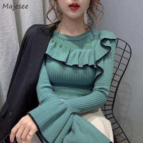Pullovers Women Green Flare Sleeve O-neck Ruffles Korean Preppy Style Sweet Cute Elegant Vintage Ladies Tops Stylish Fitness New
