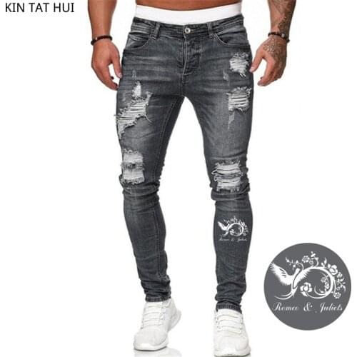 Sexy Ripped Men Jeans Slim Pencil Hole Denim Pants 2021 Exclusive New Phoenix Print Trousers boy street Biker Denim Clothing