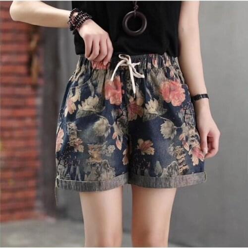 2020 Summer Fashion Ladies Denim Trousers Women Floral Printed Shorts Female Vintage Loose Pockets Jeans Shorts Elastic Waist