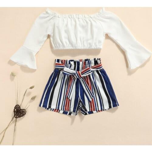 Toddler Off-shoulder Long Sleeves Tops + Shorts, Vertical Stripe Printing Bow Decoration Summer Clothing