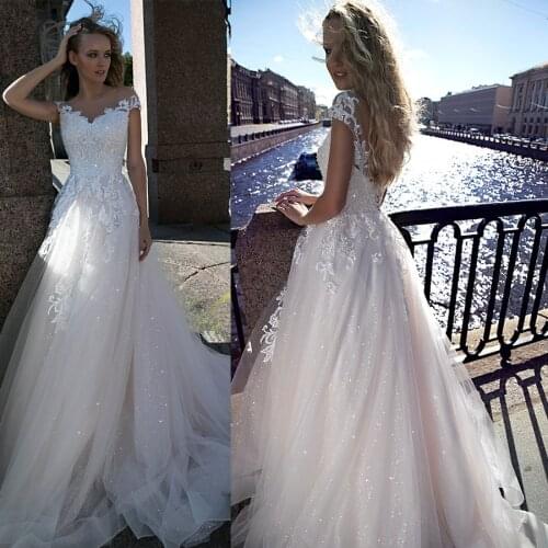 A-line Blush Sequin Bling Bling Blush Tulle Wedding Dress Beach Crystals Bridal Dress vestido Madrinha