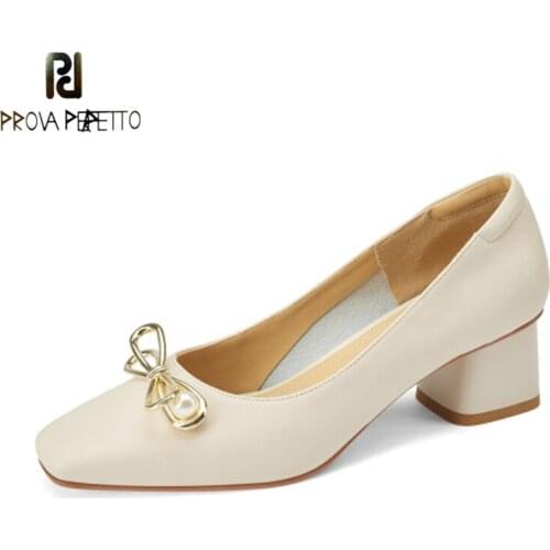 French Girl High Heels Square Toe Shallow Mouth Thick with Gentle Bowknot Pearl Mid-heel Single Shoes Sweet Fairy Shoes