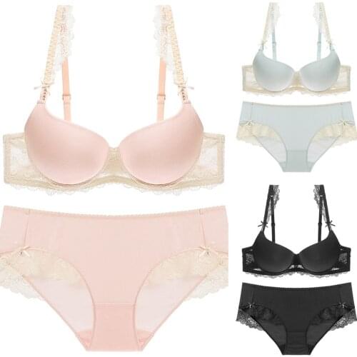 Sexy Lace Glossy Sweet Girl Underwear Set Upper Thin Under Thick Brassiere Comfortable Breathable Bra And Panties For Women