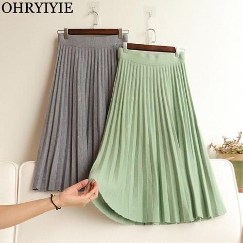 OHRYIYIE 2021 Autumn Winter Elastic High Waist Knitted Skirt Women Casual Thick Warm Pleated Skirt Female Green Midi Long Skirts