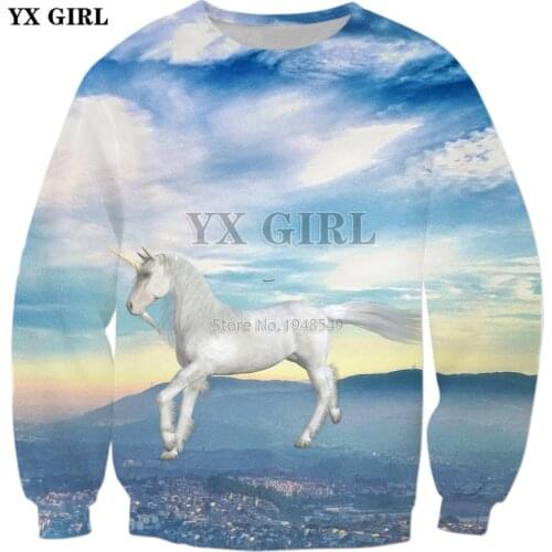 YX GIRL Drop shipping 2019 New Fashion Men Sweatshirt Dark/White Unicorn Print 3d Men/Women Casual Long sleeve pullover
