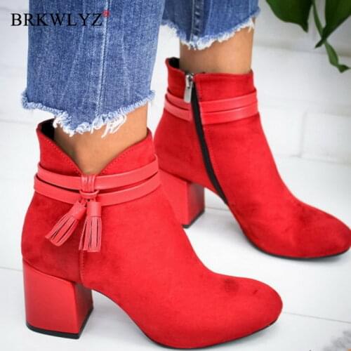 2020 Red Tassel Ankle Shoes Womens Shoes Single Boots Autumn Winter Pointed Toe Thick With Short Boots
