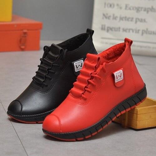 Women Shoes Winter Pu Leather Plush Warm Womens Flat Shoes Lace up Sneakers 2020 Woman Sewing Platform Female Casual Walking